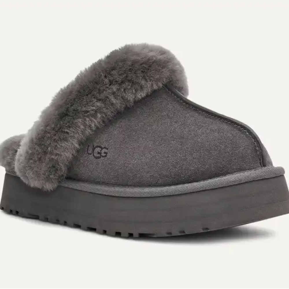 UGG Disquette Platform Slipper Water-Resistant Suede, Charcoal Gray, Size US 6